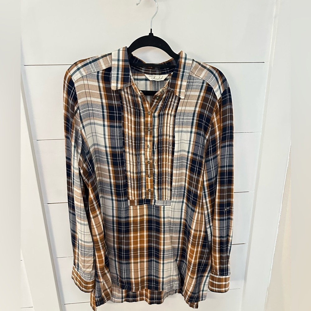 CAFE MARRAKESH S Brown plaid woman 1/2 button long sleeve rayon flannel